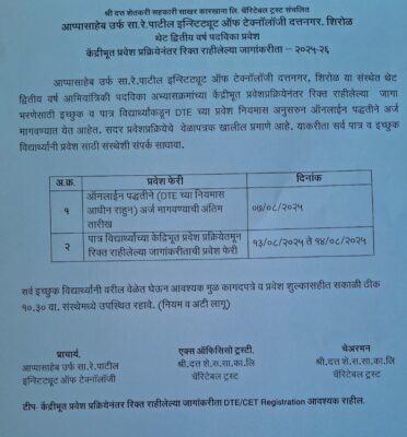 Call for Direct Second Year Diploma Admission AY 25-25
